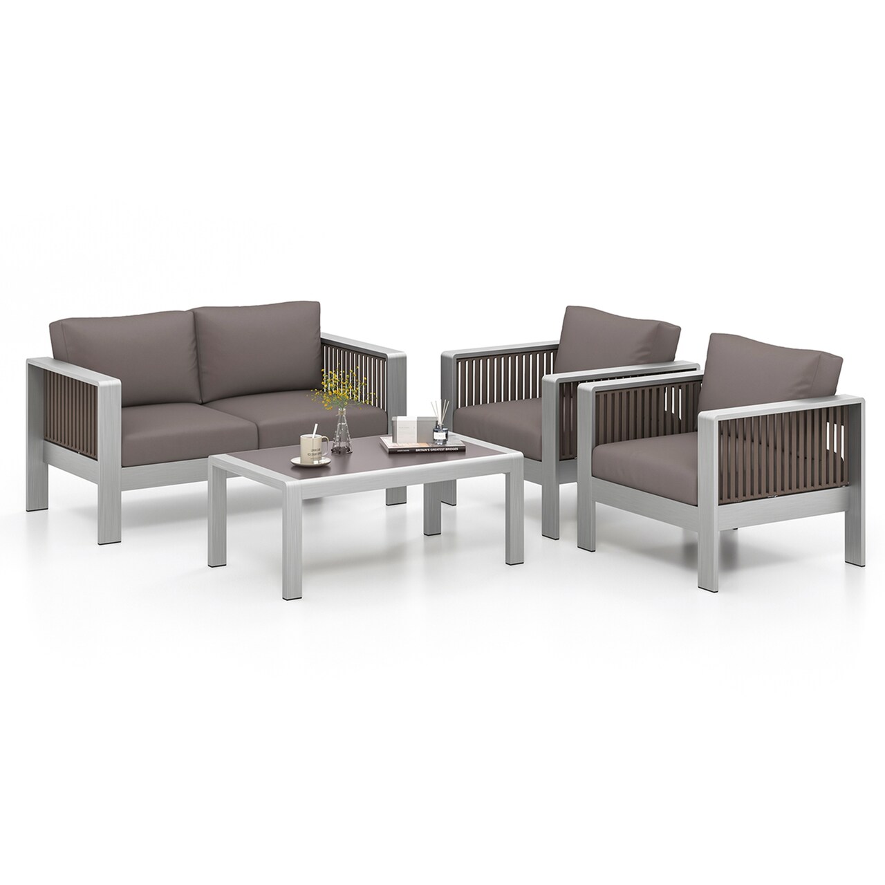 Costway 4 PCS Aluminum Patio Furniture Set with Thick Cushions & Tempered Glass Tabletop